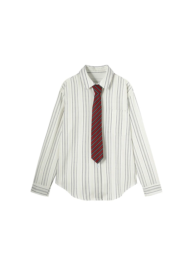 

Women Autumn Summer 2022 New Vintage Striped Lapel Over-shirt Baggy Long Sleeve Tie Oversize Irregular Clipping Lady Blouses