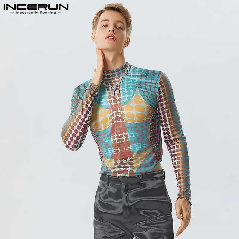 2023 Men Bodysuits 3D Printing Turtleneck Long Sleeve Male Rompers T Shirts Streetwear Fitness Fashion Bodysuit S-5XL INCERUN