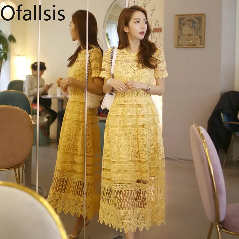 

Ofallsis Sexy Hook Flower Hollow Short Sleeve Dress Summer 2023 New Women's Korean Chic Fairy Mid Length Fashion Party Dresses