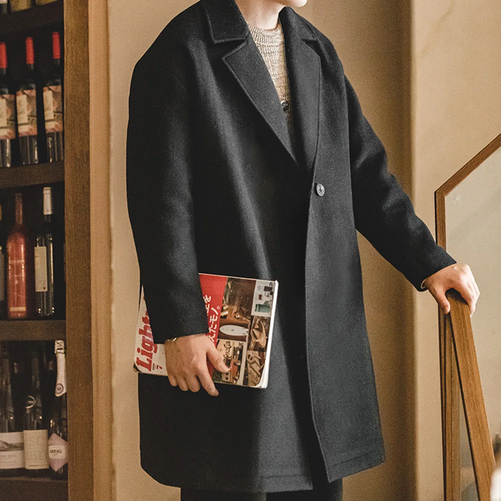 Maden Мужское ретро черное пальто из плотной шерстяной фланели Утепленное