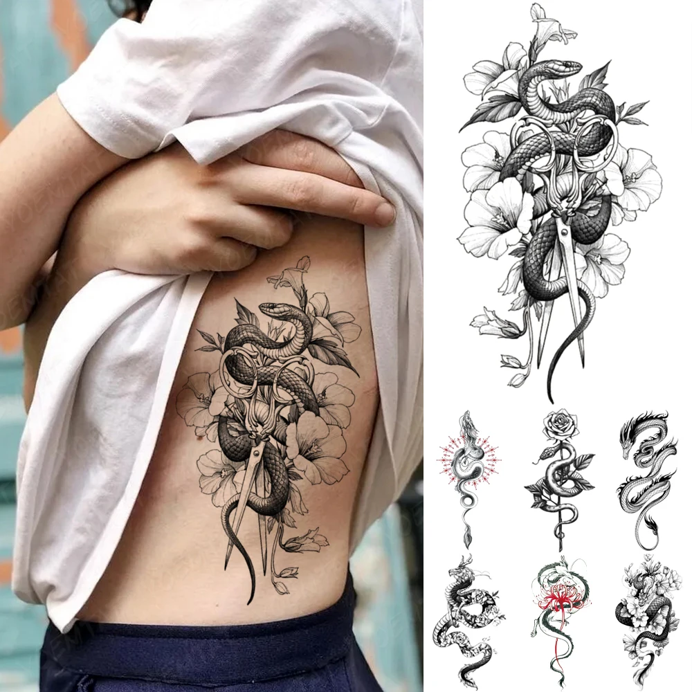 

Водостойкие временные тату-наклейки в виде черной змеи, дракон, пион, роза, цветок, искусственные татуировки для женщин и мужчин, боди-арт на ...