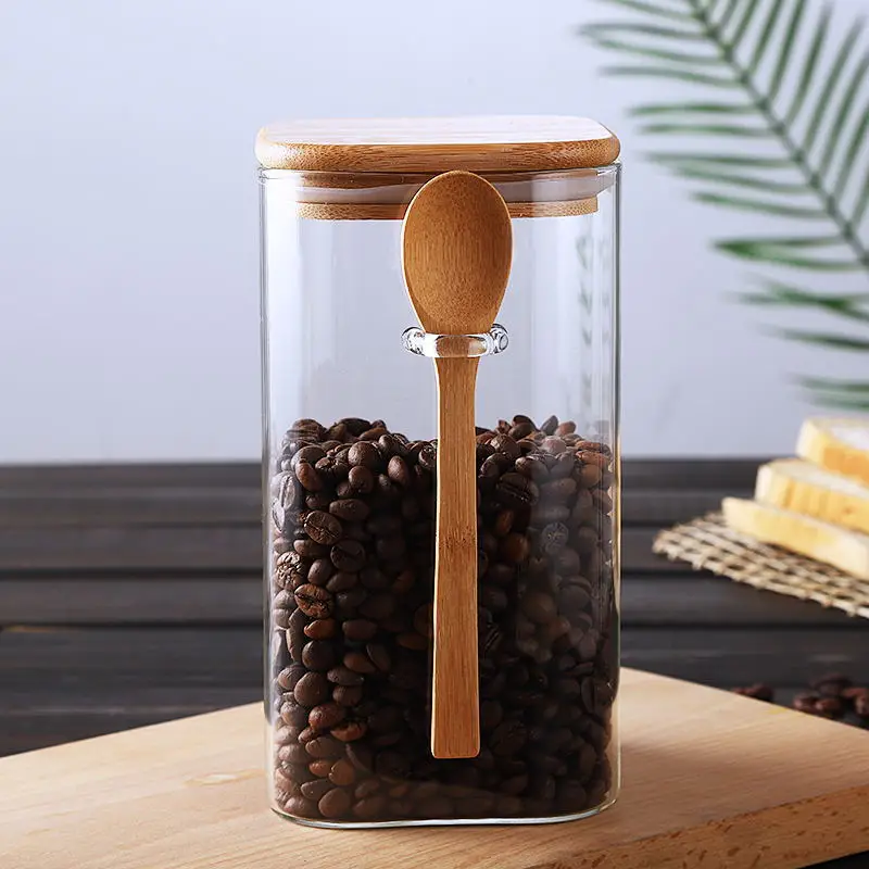

Square Glass Airtight Jar Coffee Bean Storage Tank Food Container Spice Jar Moisture Proof Milk Powder Tea Box Wooden Spoon
