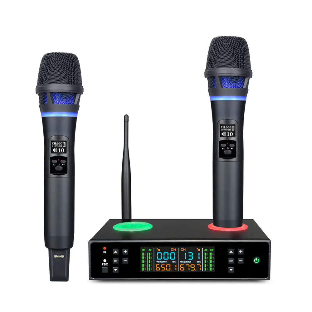 Фото Профессиональная беспроводная UHF-система караоке-микрофонов с подавлением обратной связи FBX, USB-зарядкой и функцией перезаряжаемости №2