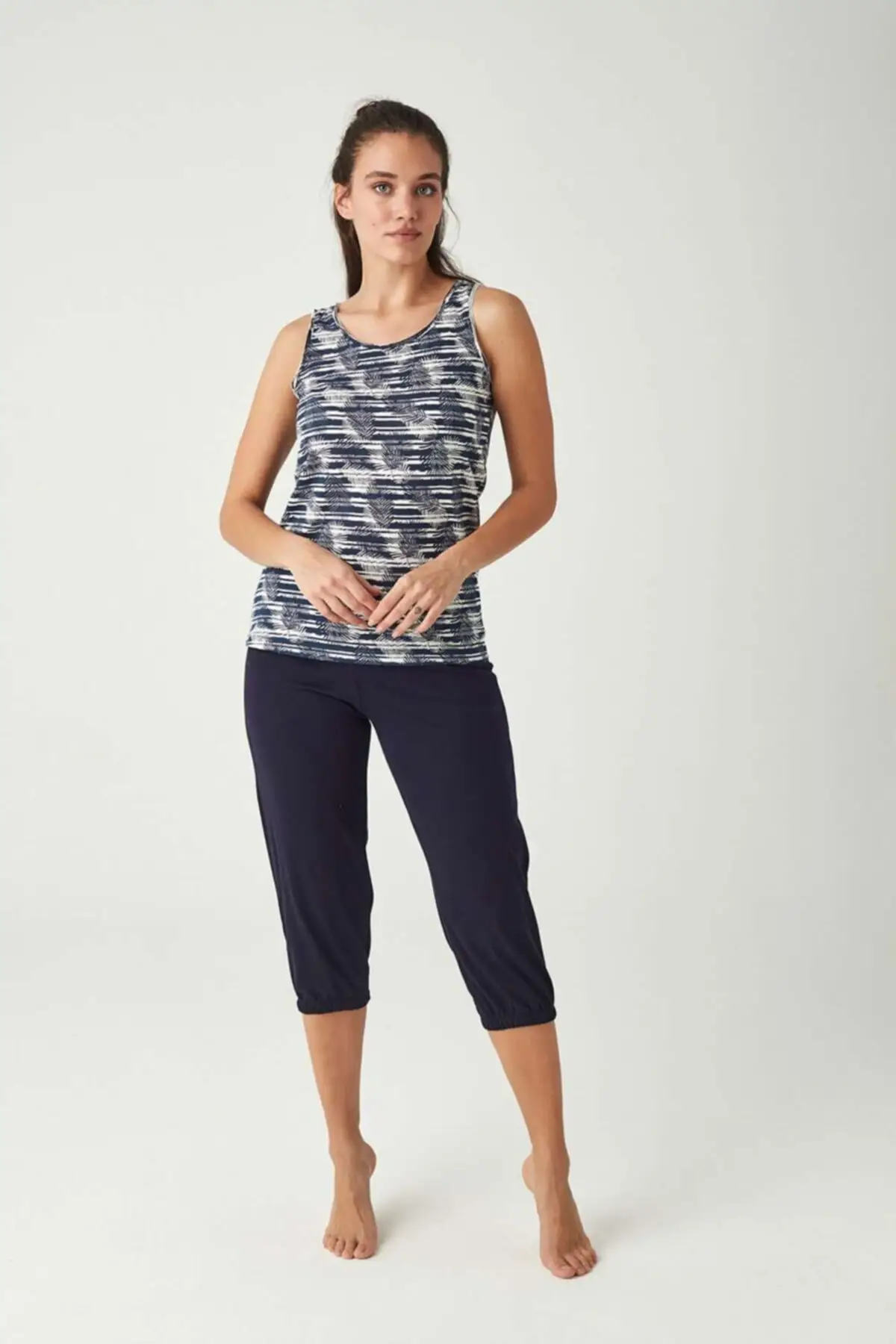

Women's Pajamas Navy Blue Capri Set Sleep Lounge Pajamas Nightwear Sleepwear Night Suit Casual Home Clothing