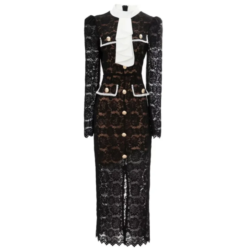 

Plus size 5XL Dresses For Women 2023 Runway Luxury Spring Lace Pencil Stand Collar Long Sleeve Hollow Out Party evening OL Dress