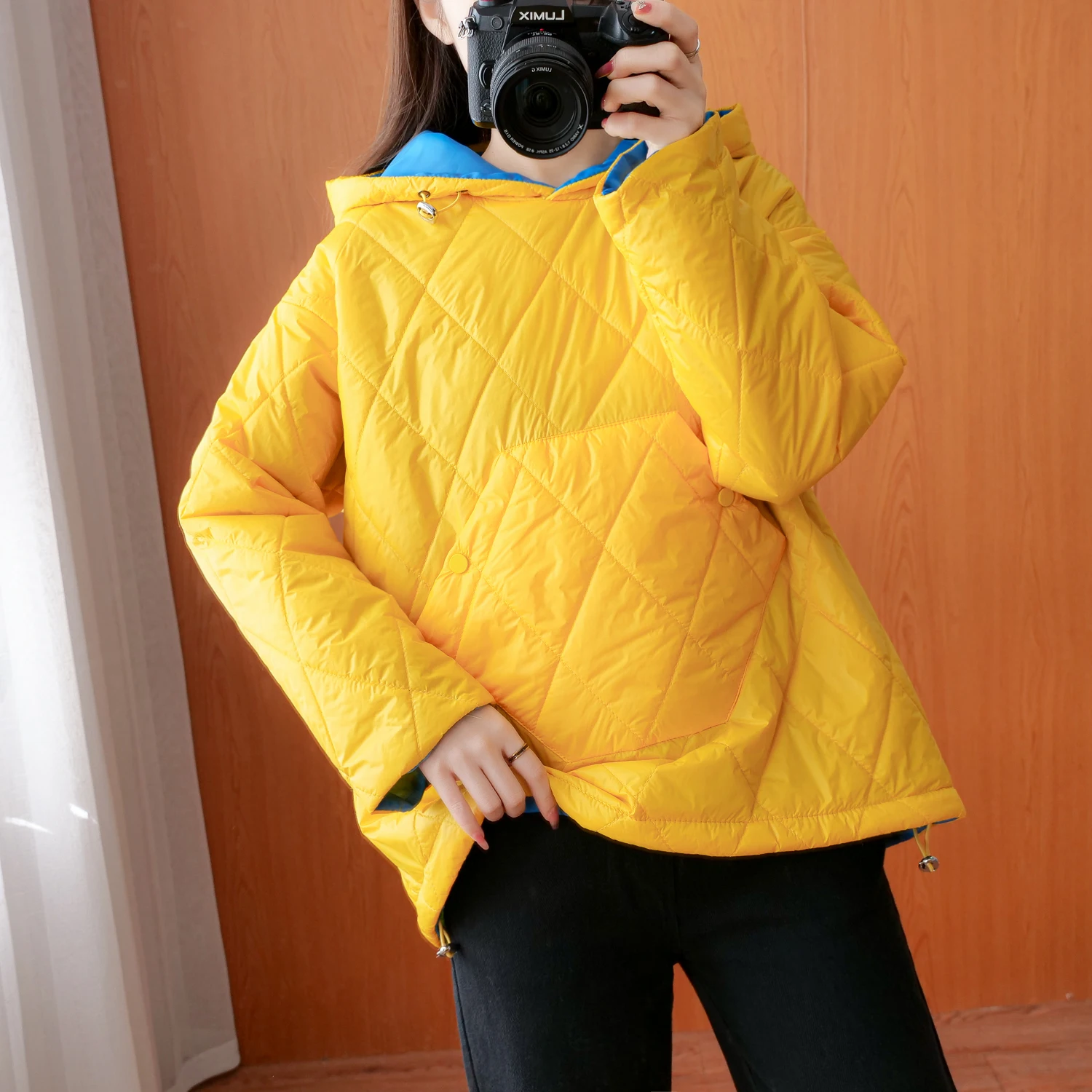 Plus Size Women's Winter Korean Style Casual Contrast Color Stitching Quilted Rhombus A Lightweight Hooded Down Jacket