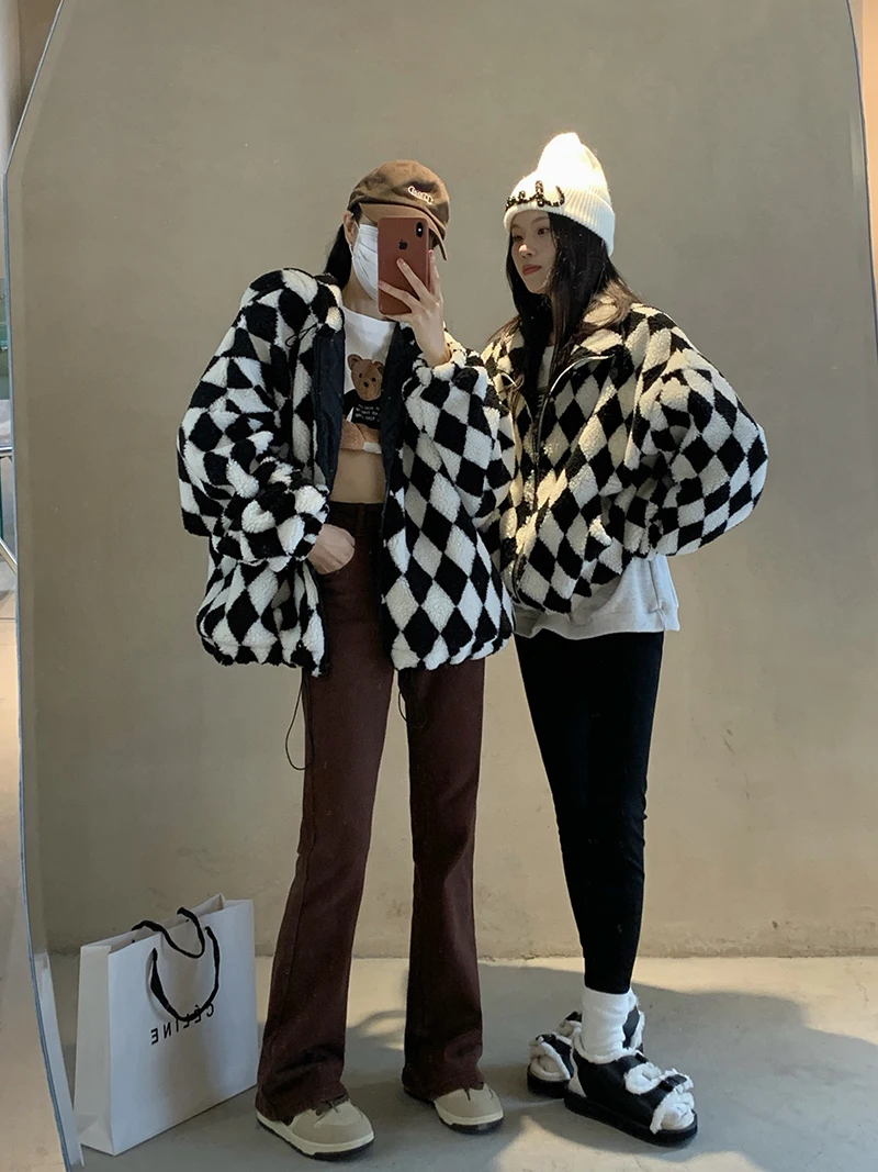 Lamb Cashmere High Collar Rhombic Color Matching Zipper Cotton Padded Coat Female Jacket Women Long Sleeve Tops Hoodies 858H