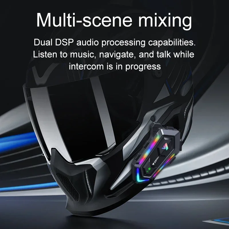 Фото Мотоциклетная Bluetooth-гарнитура Y20 MAX с интеркомом, Bluetooth V5.3, водонепроницаемость IPX6, RGB-подсветка, аккумулятор 1000 мАч №5