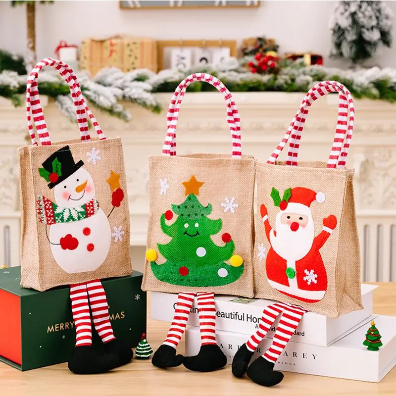 

Christmas Tote Bag Cute Santa Claus Snowman Elk Xmas Kids Gift Candy Packing New Year Party Decoration Linen Cloth Storage Bag