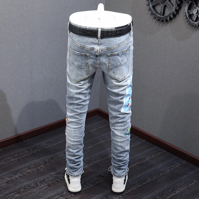 Fashion Streetwear Men Jeans Retro Blue Elastic Stretch Skinny Ripped Jeans Men Printed Patch Designer Hip Hop Brand Pants Homme
