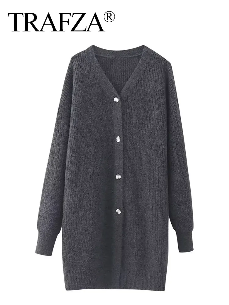 

TRAFZA 2023 Winter Loose Cardigan Women Knit Solid Color V-Neck Lapel Casual Long Sleeve Long Knitted Cardigan Women Sweater