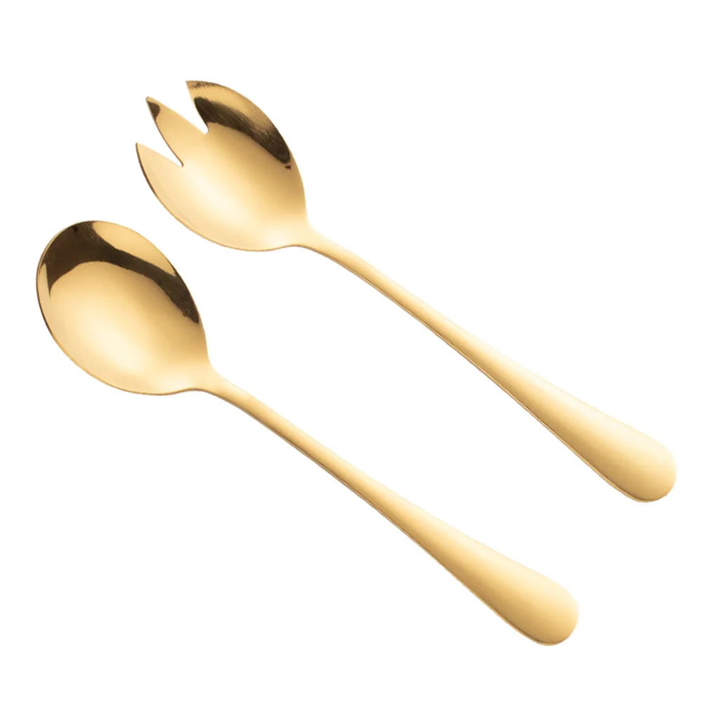 

2Pcs Dual Purpose Home Salad Spoons Stainless Steel Handle Fork Spoons (Golden)