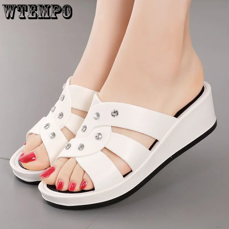 WTEMPO Women's High Heel Slippers Summer Wear Thick Bottom Fashion Home Non-Slip Mother Shoes Soft Wedge Sandals Wholesale