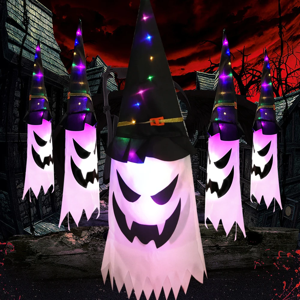 

Large Halloween Decorative Hat Colorful LED Glowing Witch Hat Halloween Costume Props Outdoor Tree Hanging Ornament Party Decor