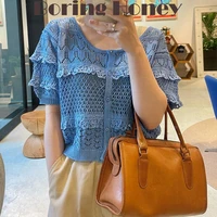 boring honey fancy lace knitting chain link fence tops short sleeves hollow out single breasted retro mesh tops women clothing