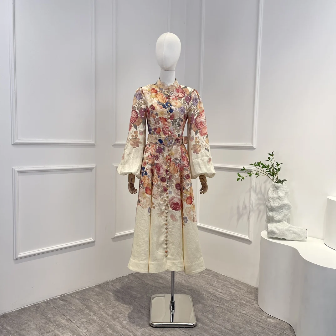 

2023 Linen Spring Summer Top Quality Floral Printing Vintage Long Lantern Sleeve Waist Buttons Belt Woman Beige Midi Dress