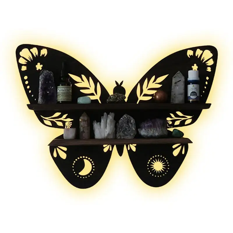 

Butterfly Wooden Shelf Crystal Essential Oil Storage Rack Wall Display Decor Rack Wall Mount Living Room Bedroom Organizer Shelf