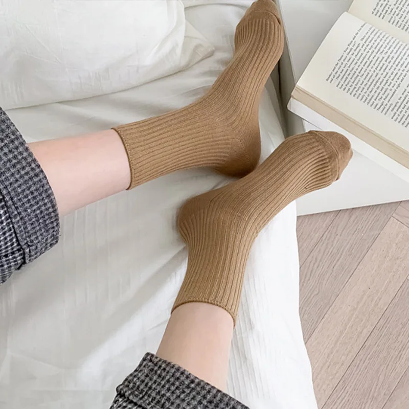 

Autumn Winter Tube Socks Female Coffee Color Vertical Stripes Piled Pile Socks Coffee Color Simple Brown All-match Neutral Socks