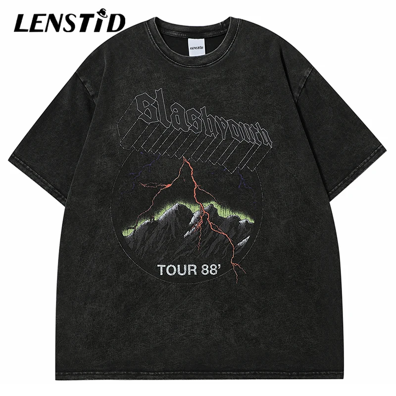 

Summer Men Washed Tshirts Hip Hop Lightning Mountain Graphic T Shirts Punk Gothic Streetwear Harajuku Casual Cotton Tops Tees