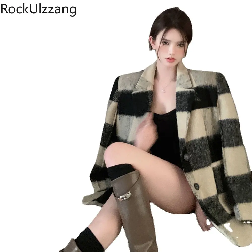 

Теплое пальто Chaqueta с хлопковой подкладкой, зимнее плотное шерстяное пальто в клетку с отложным воротником и пуговицами, ветровка, пальто, женская Корейская одежда, верхняя одежда 2022