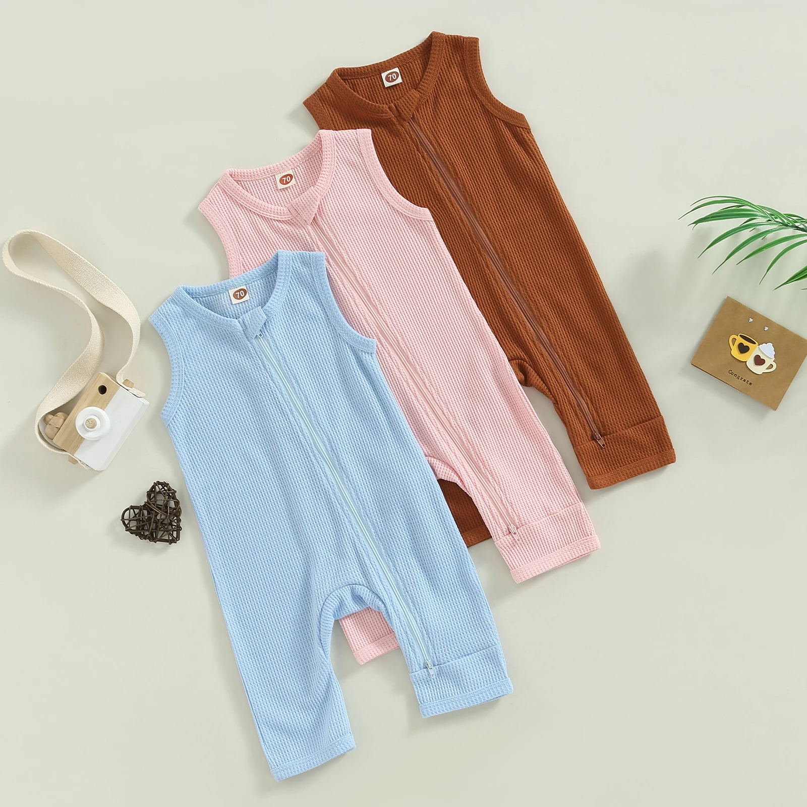 

2022-11-22 Lioraitiin 0-24M Infant Baby Girls Boys Summer Casual Jumpsuit Solid Sleeveless O Neck Oblique Zipper Romper