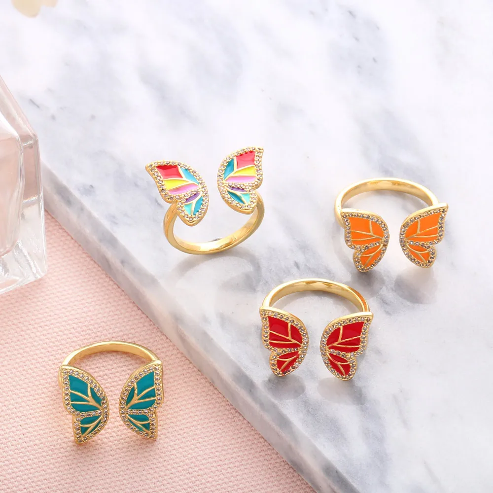 

FLOLA Hot Sale INS Enamel Butterfly Rings for Women Girls Gold Plated Rings AAA Zircon Rings Crystal Jewelry mariposa rign78
