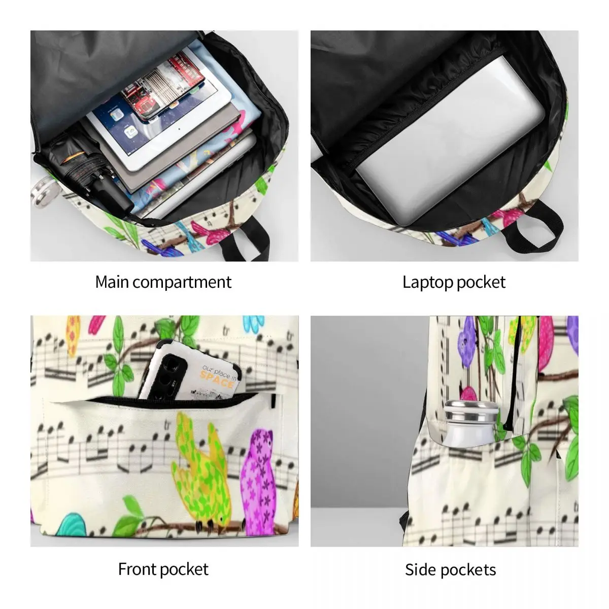 Happy Music Backpack Cute Colorful Musical Birds Outdoor Backpacks Gril High Quality Print High School Bags Fun Rucksack images - 6
