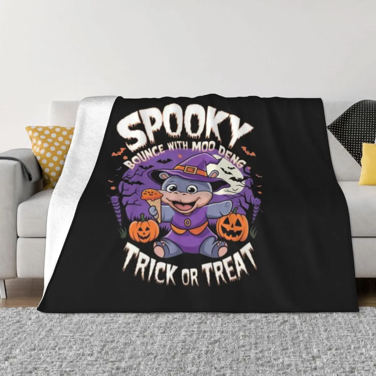 Сверхмягкое Флисовое одеяло Moo Deng в стиле Хэллоуин