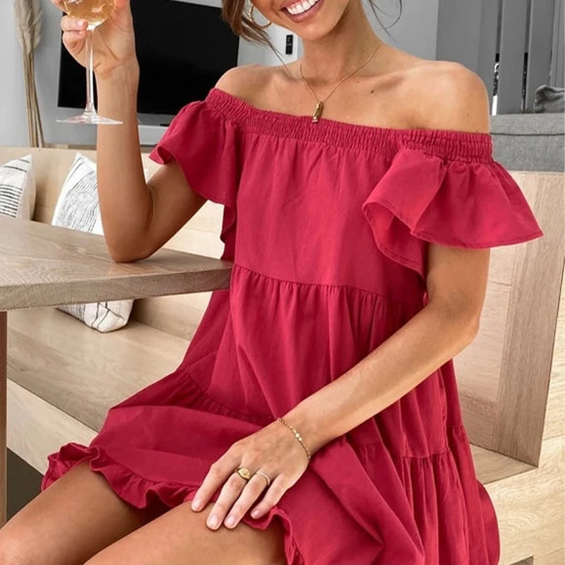 

Summer Fashion One-Line Neck Two Wear Ruffle Dress Women Casual Solid Color Loose Mini Dress Elegant Short Sleeve Commuter Dress