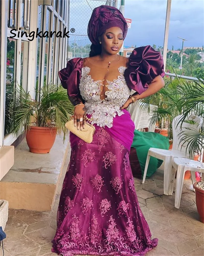 

Aso Ebi Mermaid African Evening Gowns Sheer Neck Puffy Sleeves Appliques Birthday Party Dress Formal Plus Size Robes De Soirée