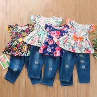 baby girls outfit set 2022 new summer childrens butterfly fly sleeve top slim fit hole denim pants set baby clothes