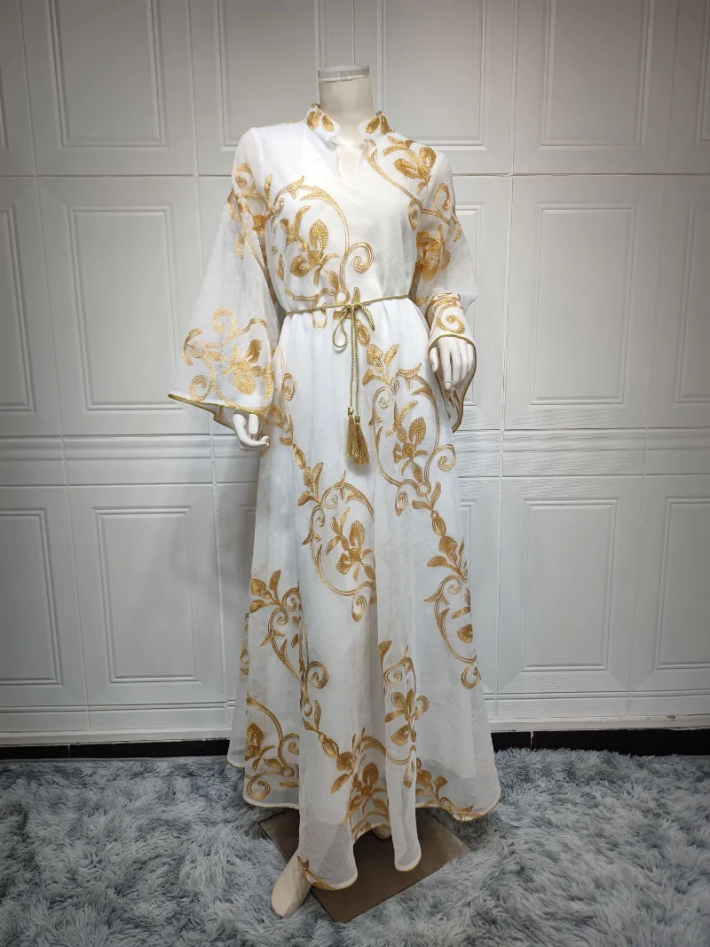 Muslim Fashion 2023 Summer Women V-neck Long Sleeve White Green Embroidered Mesh Long Abaya Muslim Dresses  Abaya Dubai