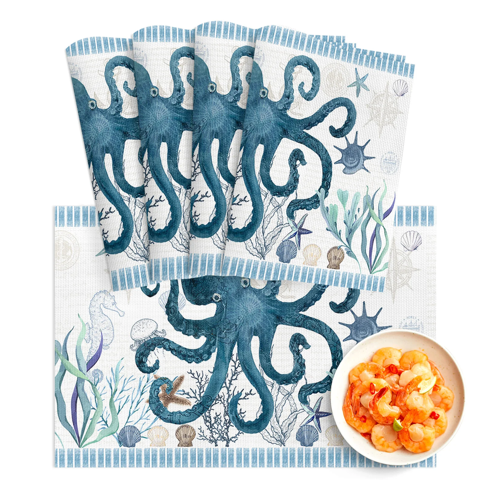 

4/6Pcs PVC Placemats Mediterranean Style Ocean Stripes Starfish Octopus Dining Disc Pads Bowl Coasters Plate Kitchen Table Mats