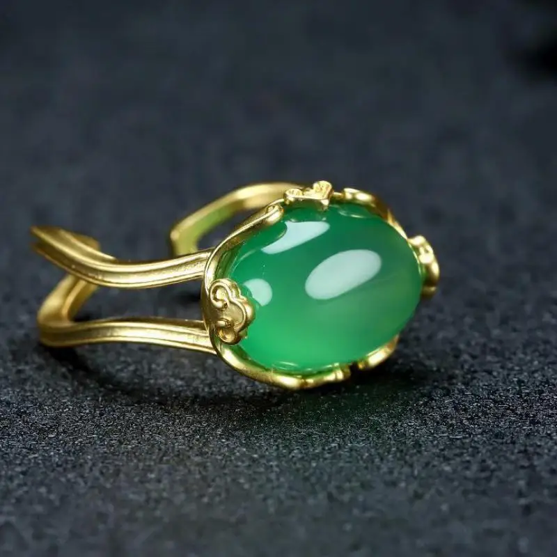 

Natural Green Jade Ring 24k Real Gold Plated Copper Myanmar Jadeite Golden Rings Adjustable Men Women Fine Jewelry Accessories