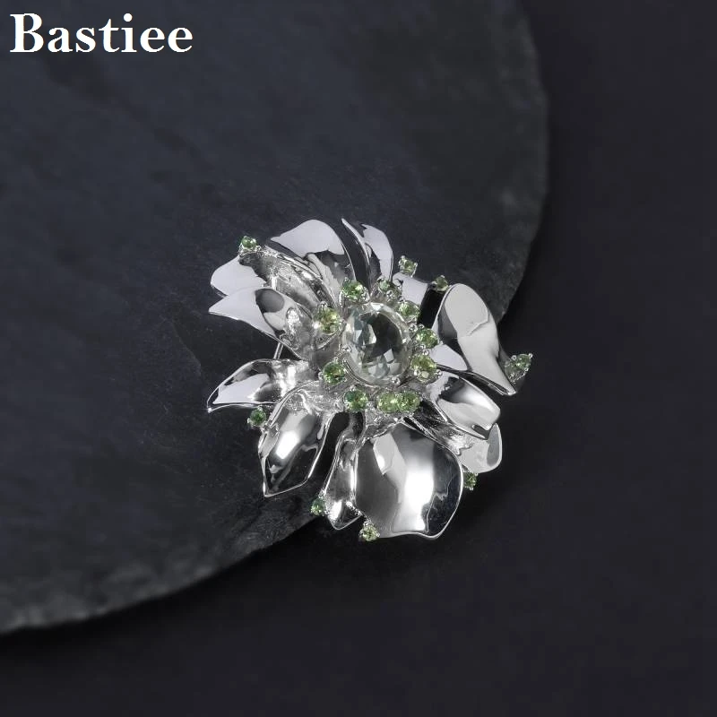 

Bastiee S925 Silver Brooches for Women Natural Inlaid Gemstone Green Amethyst Flower Broche Gift