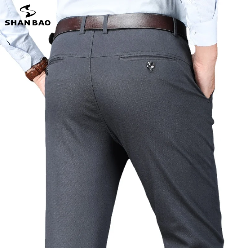 

Elastic Waist Cotton Stretch Men's Fit Straight Casual Pants Autumn Brand New Business High Waist Office Loose Pure Trousers