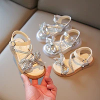 2022 summer girls fashion sandals ribbons silver beige white sweet little girls sliders rhinestone bow children shoe size 26 36