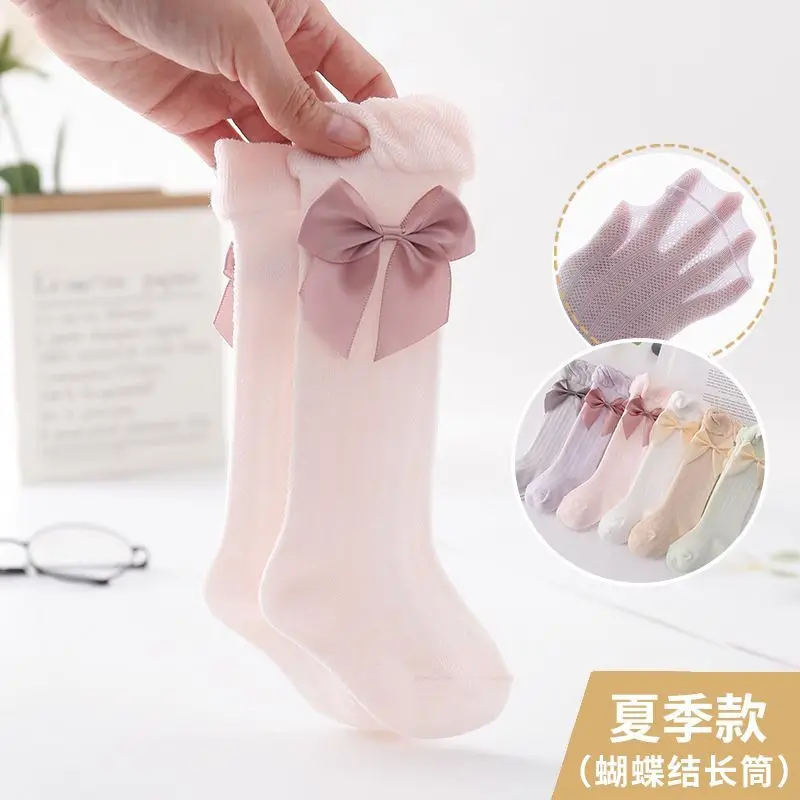 

24pair/lot Summer Baby Girl Socks Cute Big Bows Soft Cotton Elastic Solid Color Mesh Newborn Socks Knee High Long Toddler Girls