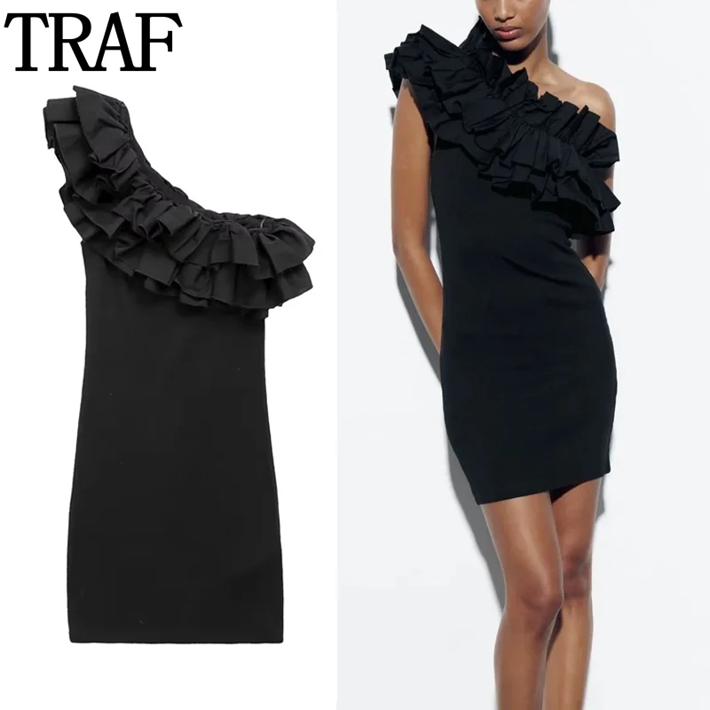 

TRAF Ruffle Asymmetric Mini Dress Woman Off Shoulder Black Bodycon Dress Women Summer Short Dresses Tight Elegant Party Dresses