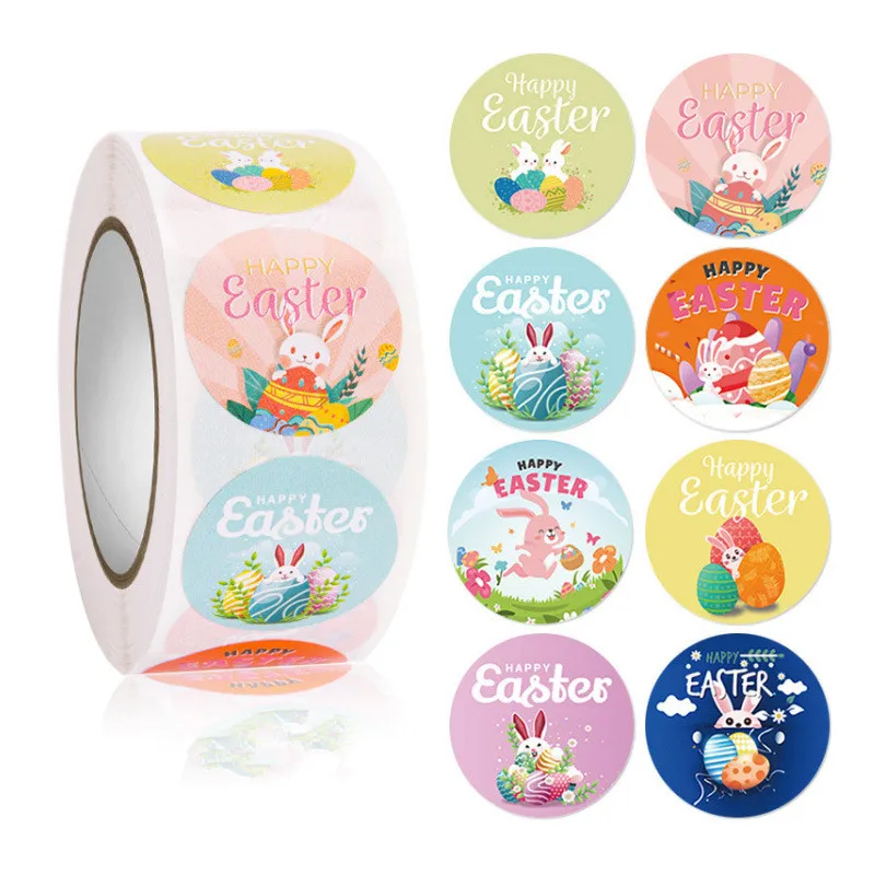 

500pcs/roll Happy Easter Stickers Easter Egg Bunny Lables Candy Dragee Gift Box Cake Boxes and Packaging Wrapping Bags Stickers