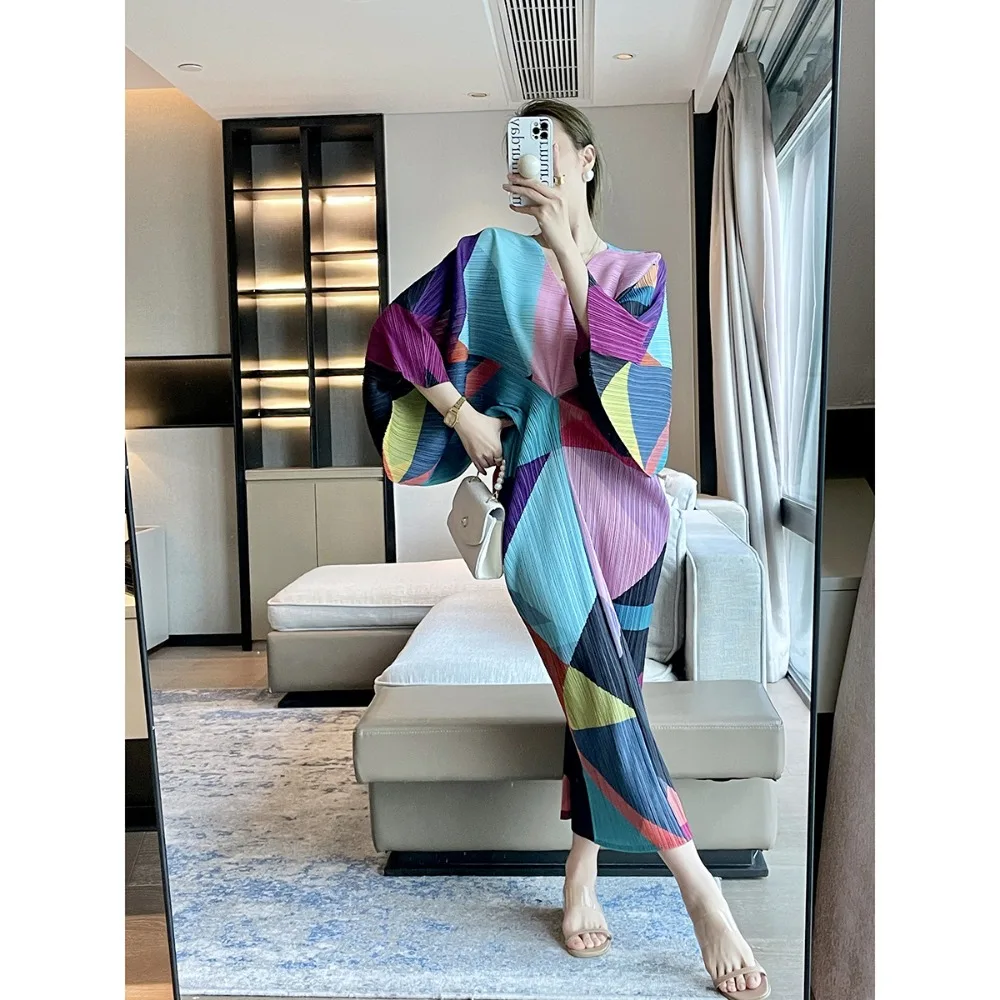 

Miyake Folds 2023 Fall Geometric Print Fashion Bat Sleeve Dress Temperament Elegant Large Size Personality Women's Long Dresses