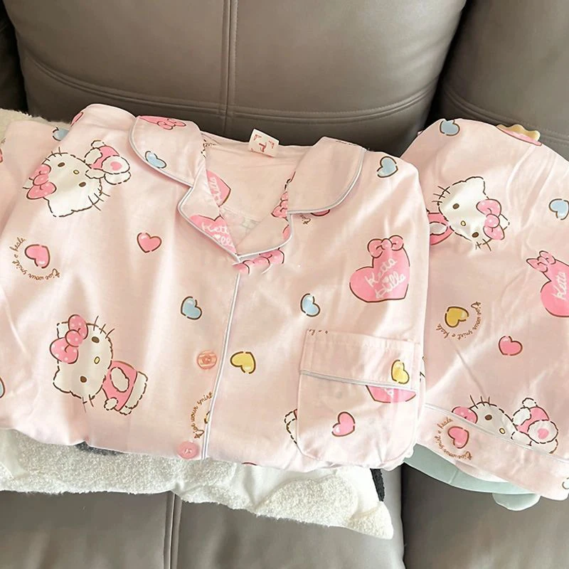 

Sanrios Hello Kitty Pajamas Female Summer New Cotton Short Sleeve Shorts Two Piece Student Dormitory Cute Homewear Set
