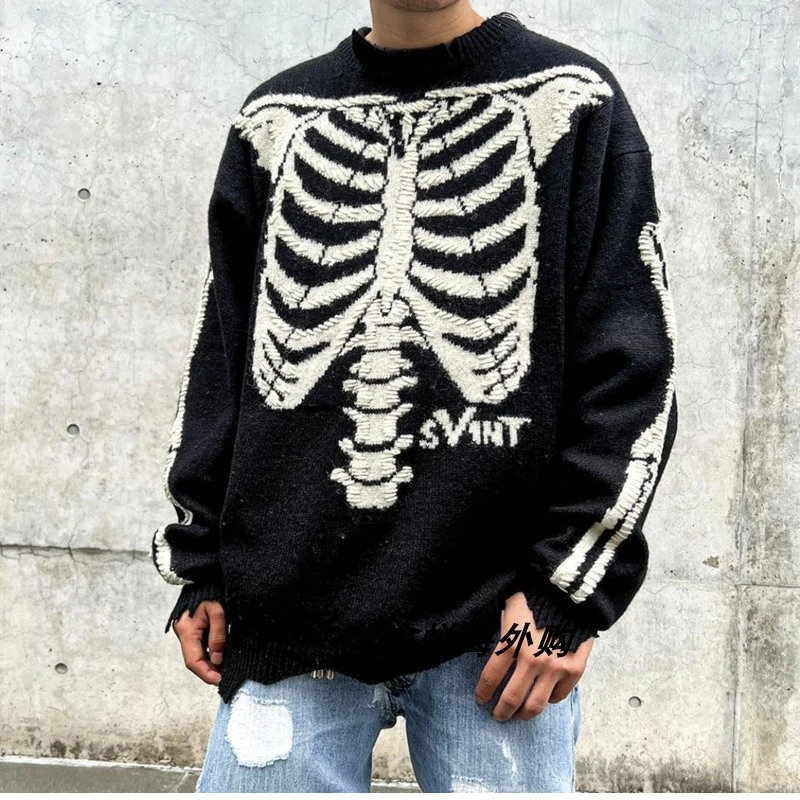 

Saint Michael Kapital 23ss Skull Skeleton Retro Damaged Loose High Quality Knitted Sweater