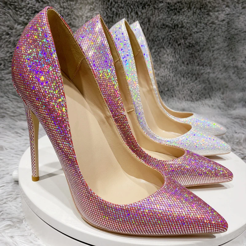 

Woman sequined 8cm 10cm 12cm high heels party wedding sexy pointed toe plus size shllow stiletto romantic pumps LF025 ROVICIYA