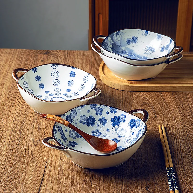 

Vintage Ceramic Blue Flower Noodle Bowl Jingdezhen Hand Painted Tableware Binaural Salad Bowl bowl ceramic