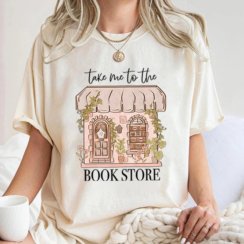 Фото Модные женские футболки для любителей книг Take Me To The Bookstore, футболки с графическим рисунком, цветочный книжный магазин, женская одежда, забавная рубашка для чтения №2