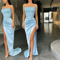 sexy blue sequin satin long prom dresses 2022 strapless slit mermaid evening formal gowns robe de soiree vestidos fiesta