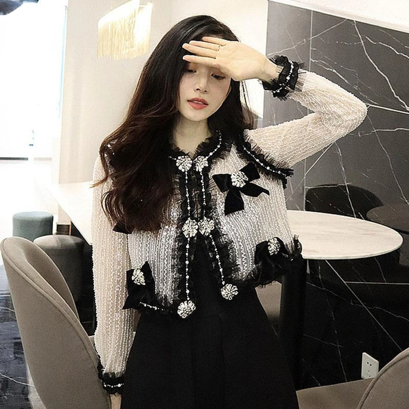 

Luxe Diamond Button Korte Dunne Jas Voor Vrouwen Elegant Strikje Crystal Mesh Ruches Patchwork Cropp Jas Top