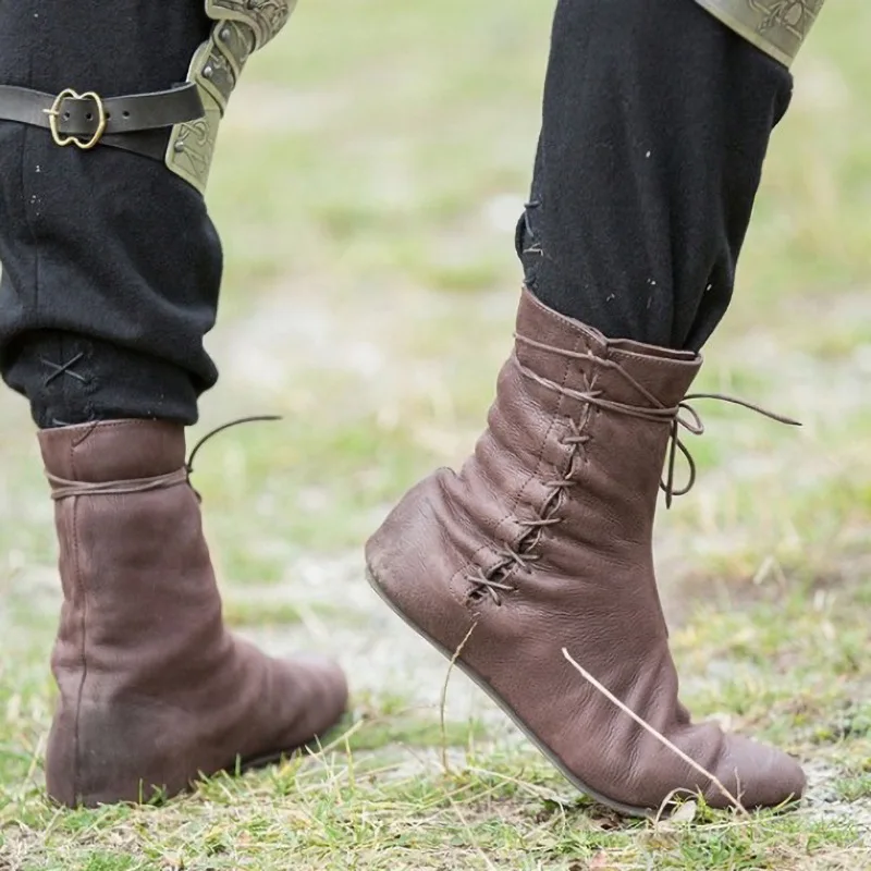 

Men Women Cosplay Short Boots Medieval Knight Hunter Lace Up Viking Pirate Leather Boots Adult Stage Props Shoes Retro
