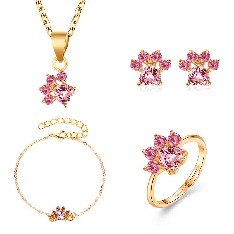 

Korean Fashion Ladies Jewelry Set Four-piece Cute Cartoon Cat Claw Necklace Earrings Cat Footprint Zircon Ring Bracelet Female